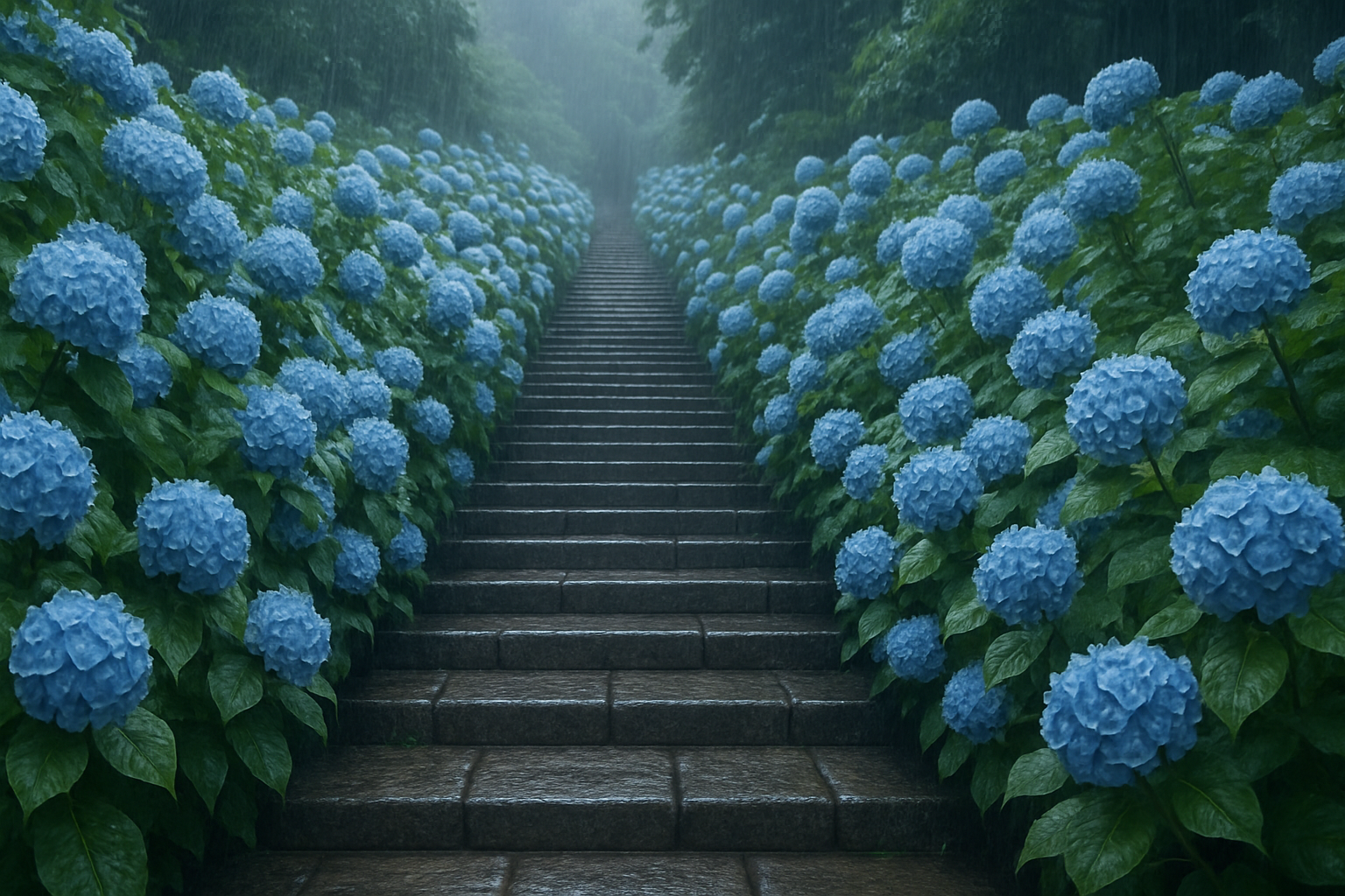 石の階段の両側を彩る青い紫陽花の花