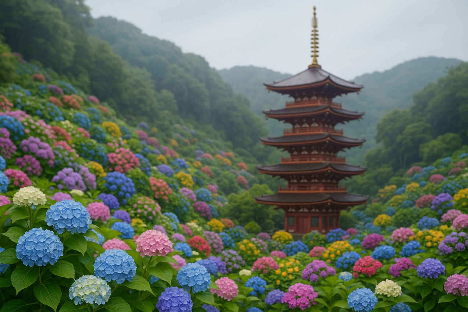 五重塔と山中に咲き乱れる紫陽花の花