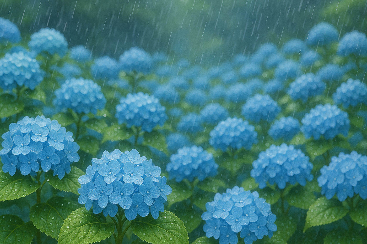 雨により土壌のアルミニウムが溶け出して青くなった紫陽花の花
