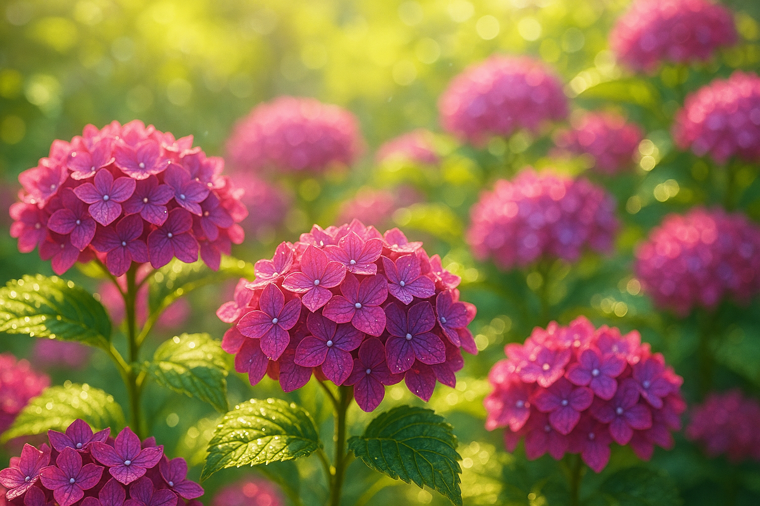 アルカリ性の土壌で赤く咲いている紫陽花の花