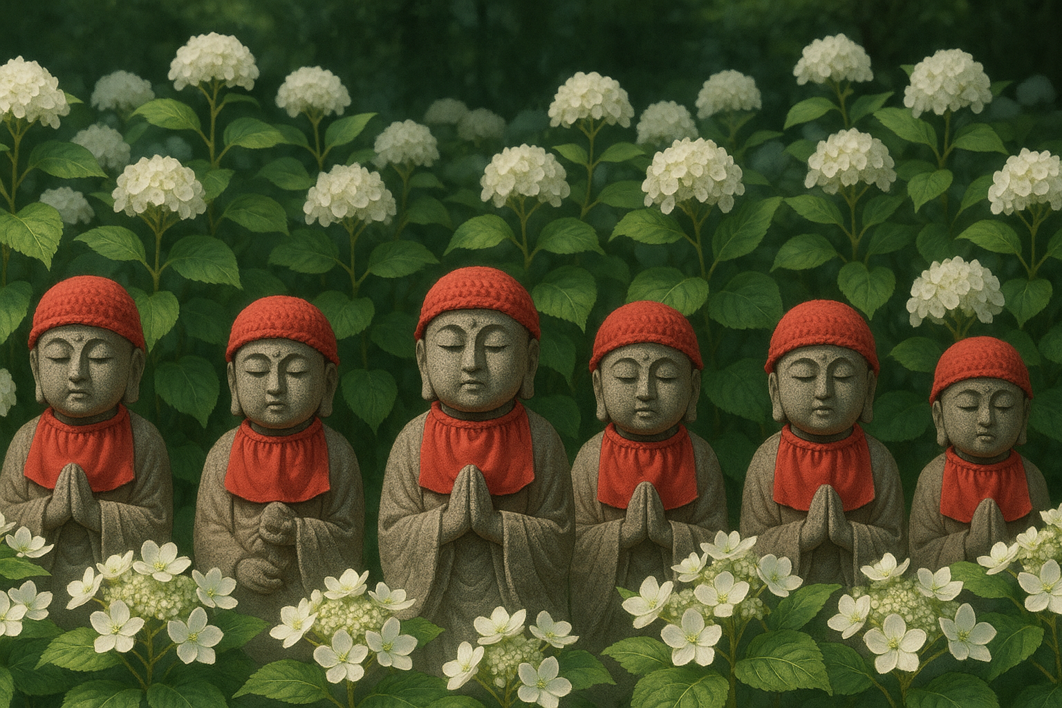 白い紫陽花に囲まれる六地蔵