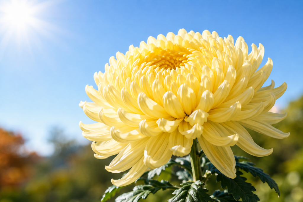 陽光に輝く淡黄色の端正な姿の菊の花
