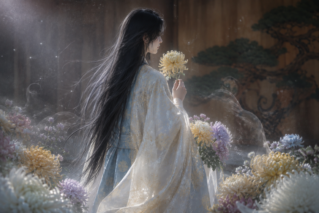 菊花に佇む幻想の少年(菊慈童のイメージ)